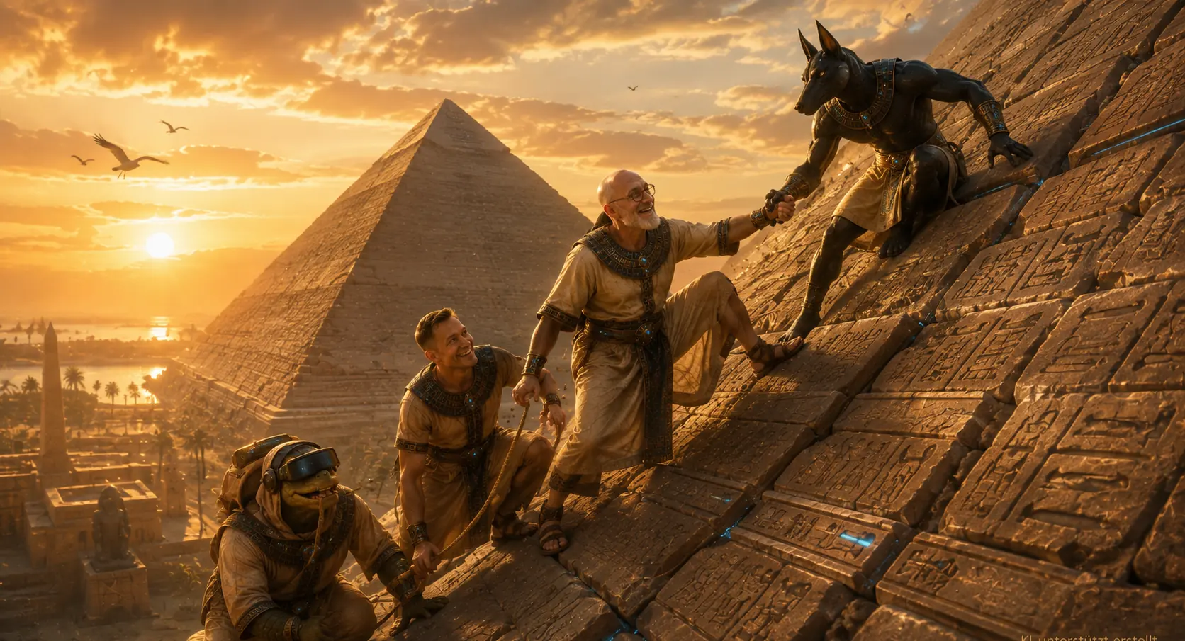 Anubis hilft einer Gruppe von Menschen in ägyptischer Kleidung die Stufen einer Pyramide hinauf, im Licht der untergehenden Sonne