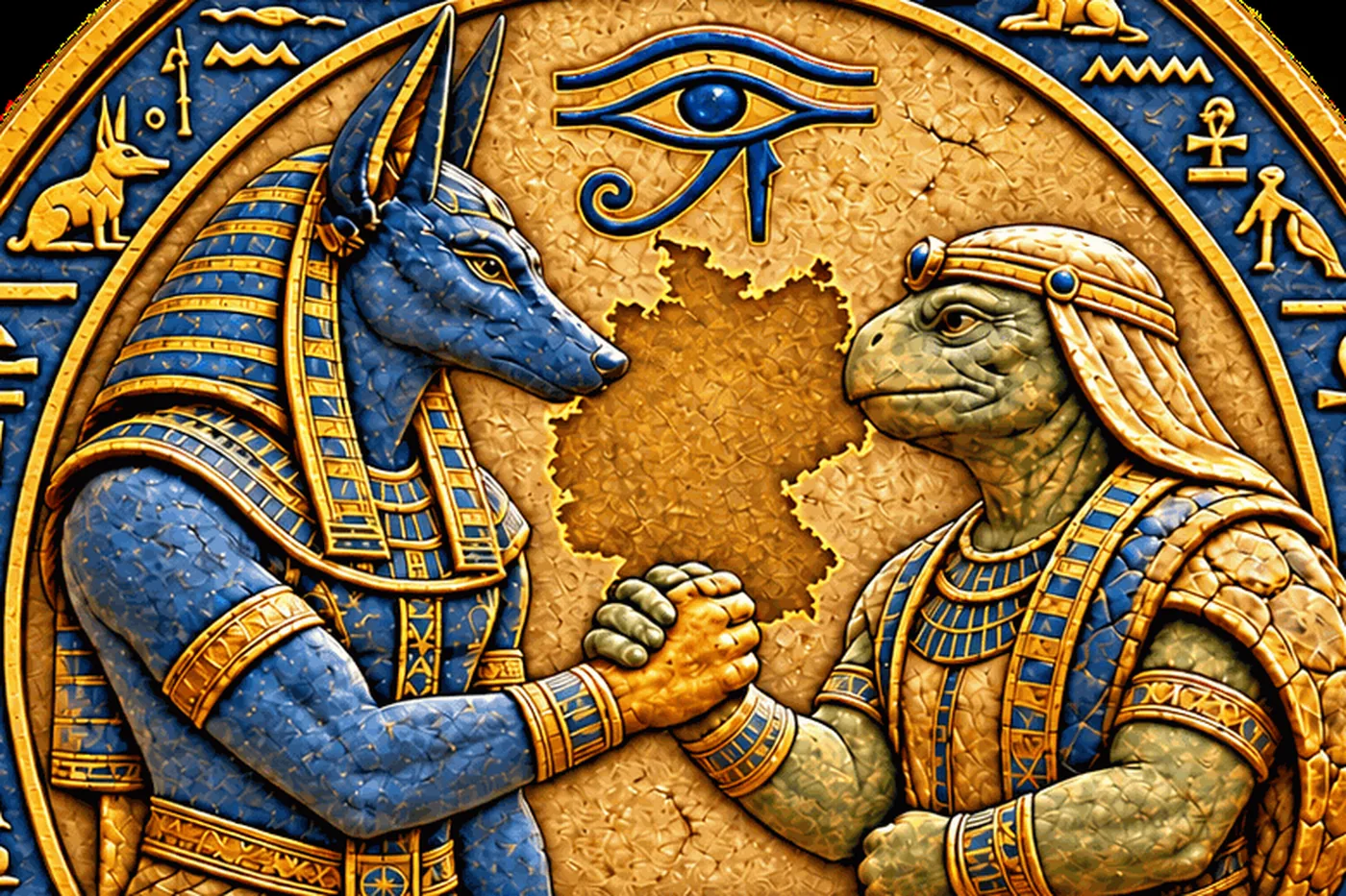 Anubis und die Schildkröte in ägyptischer Tracht reichen sich über einer Karte Deutschlands die Hand