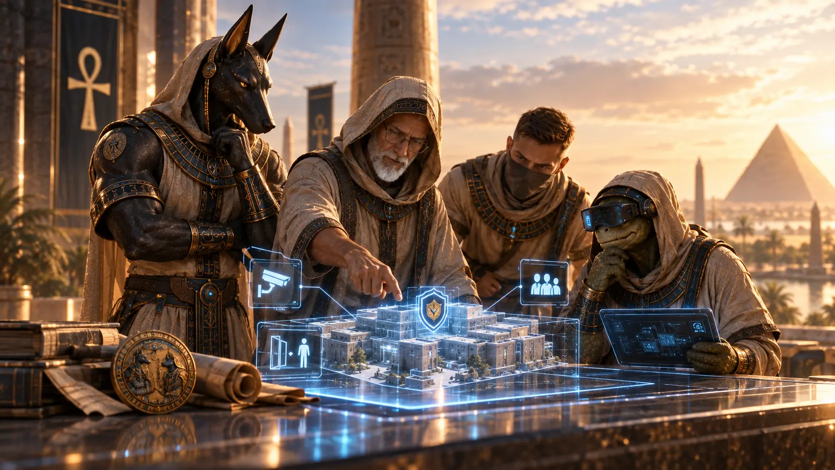 Anubis, zwei Männer in ägyptischer Kleidung und die Schildkröte mit VR-Brille planen an einem holografischen Tisch, im Hintergrund Pyramiden im Abendlicht