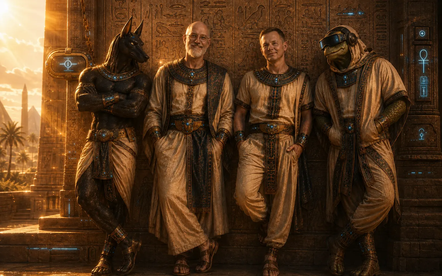 Anubis, zwei Männer und die Schildkröte lehnen entspannt an einer Tempelwand mit Hieroglyphen